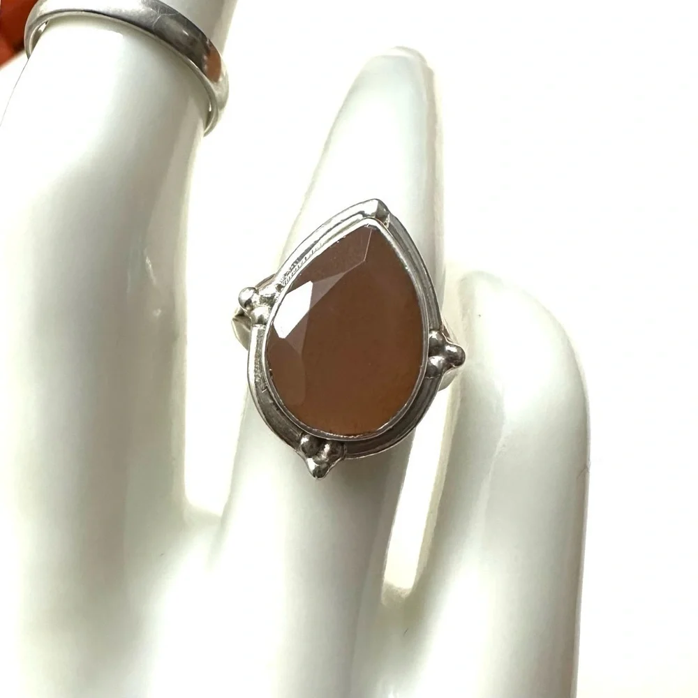 Peach Moonstone Faceted Teardrop Sterling Silver Ring